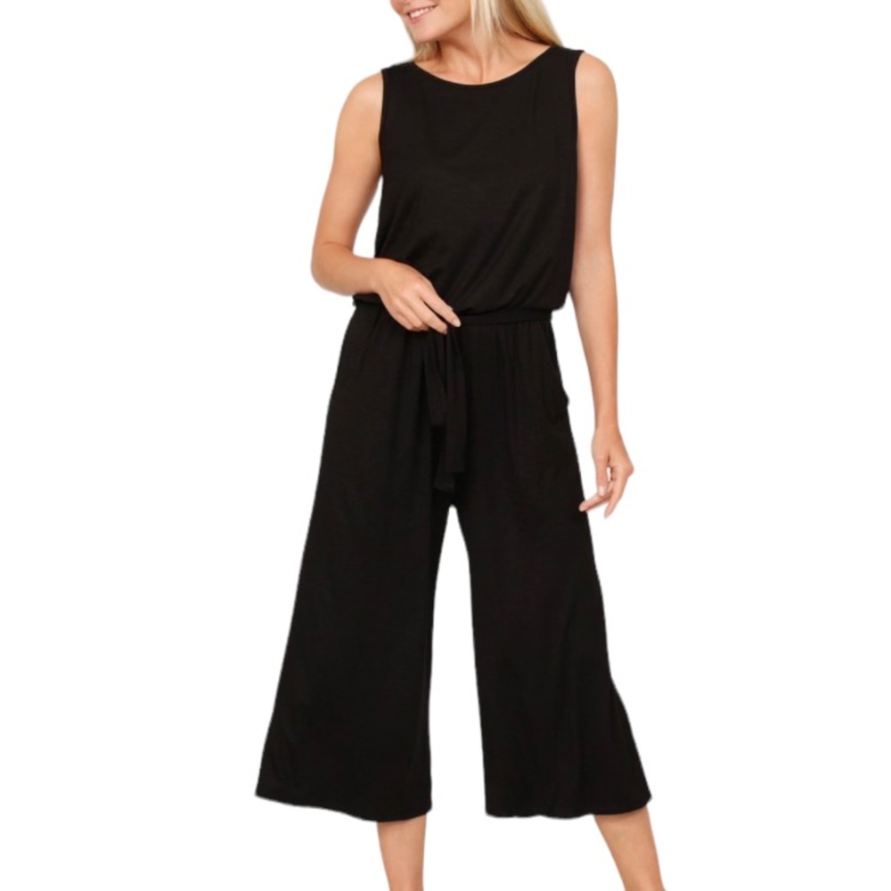 egs by‎ éloges Black Front-Tie Cropped Jumpsuit Black Pockets 1X